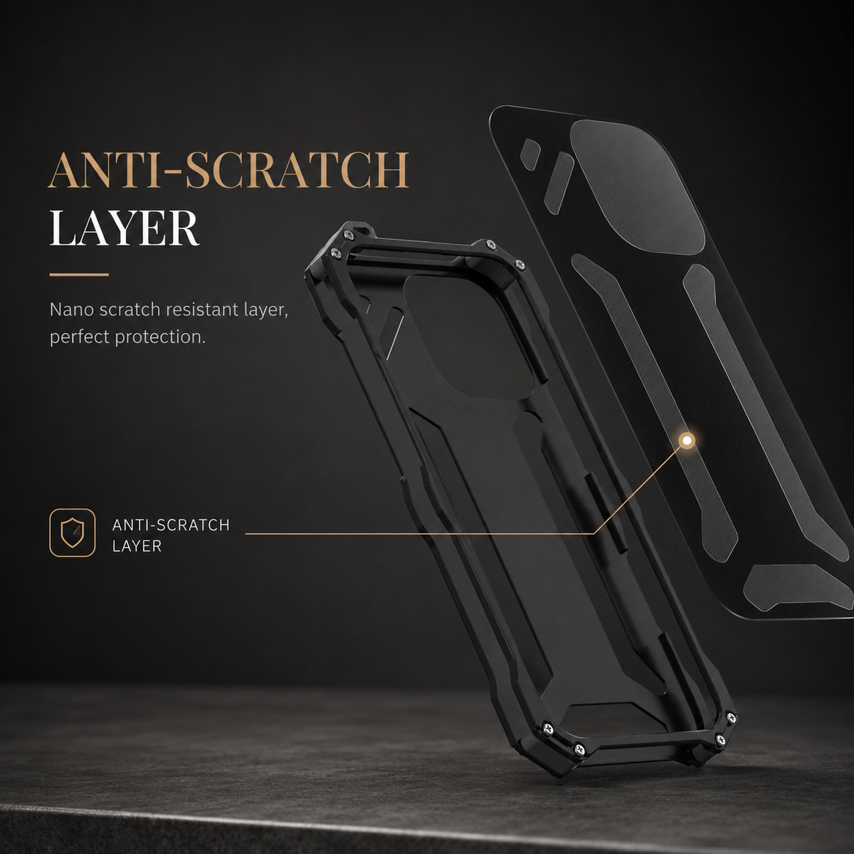 An exploded illustration separates a black case shell and a thin geometric inner layer beneath Anti-Scratch Layer.