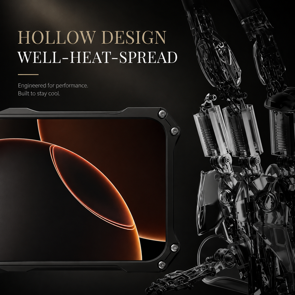 A phone front view in a black frame appears beside glass-like fragments beneath Hollow Design Well-Heat-Spread.