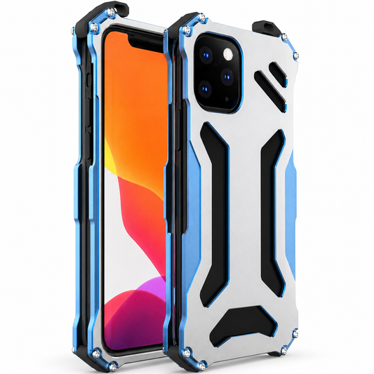 Front and rear views show a silver-and-blue angular case with black geometric inserts, exposed screws and thick corner guards.