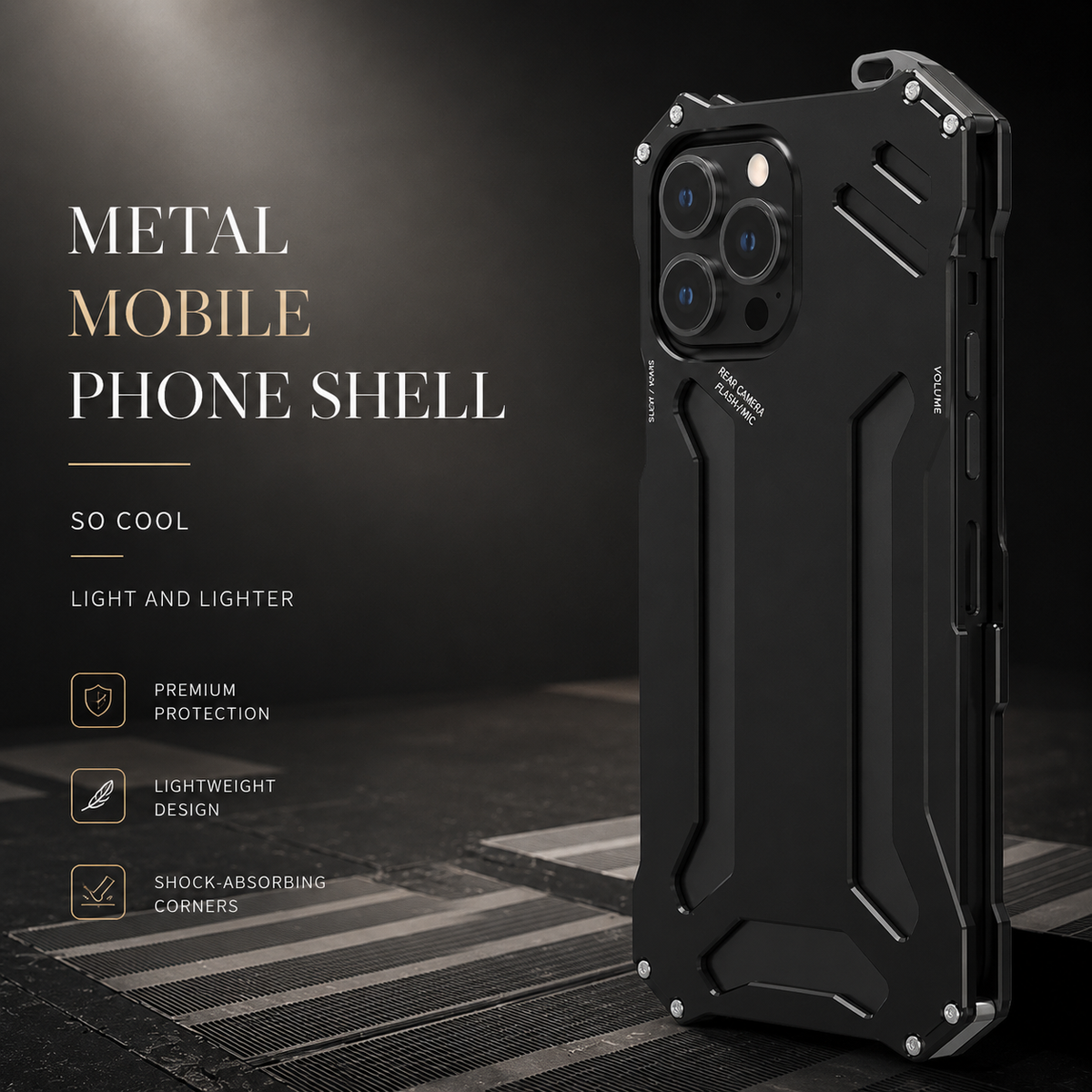 A black geometric case stands against a sunlit dark surface beneath Metal Mobile Phone Shell.