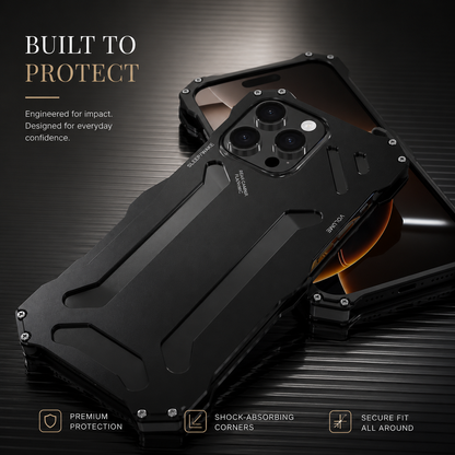 A black rear shell lies over a phone and open frame on dark ribs beneath Built to Protect.