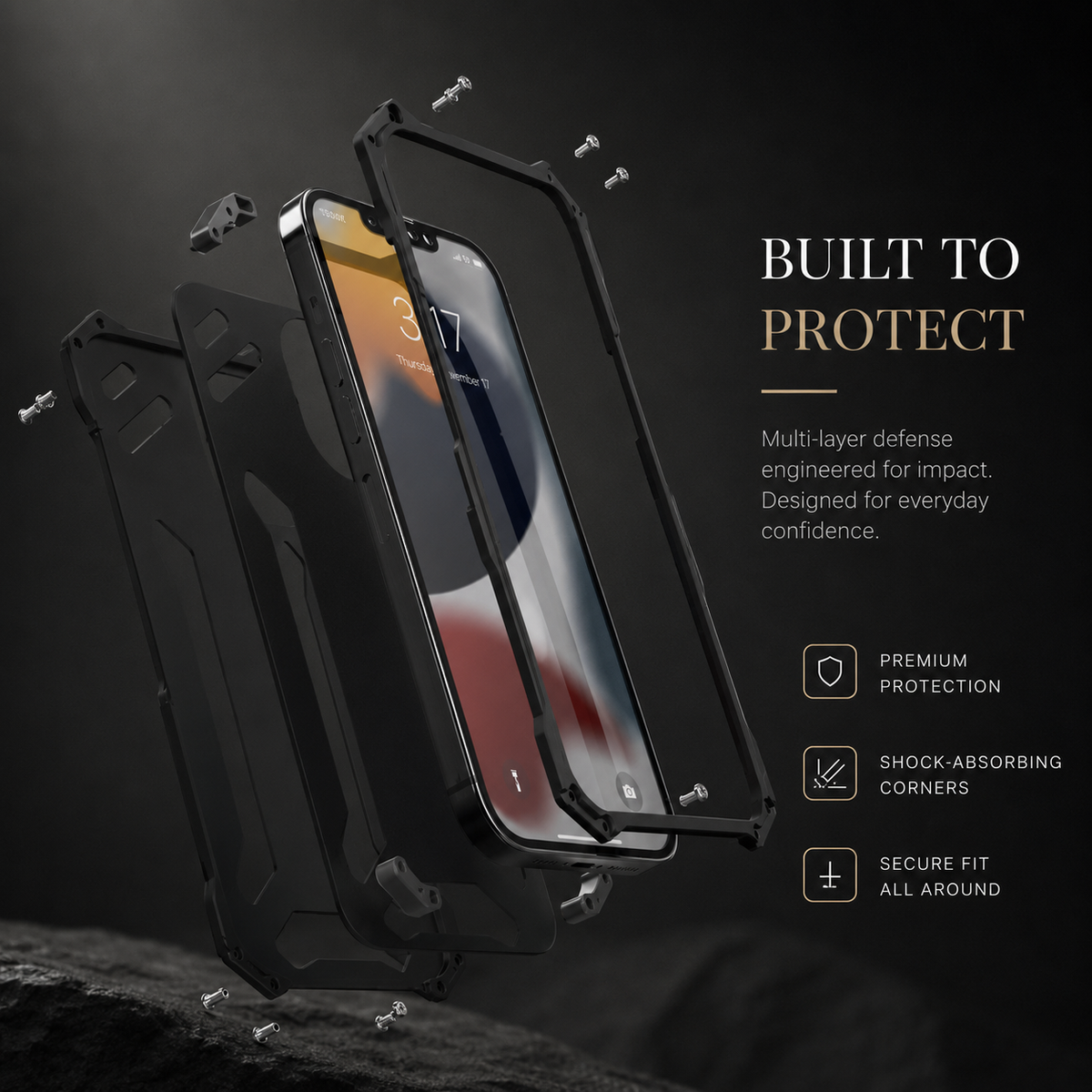 An exploded black-case diagram separates rear shell, phone and front frame, with small screws floating above.