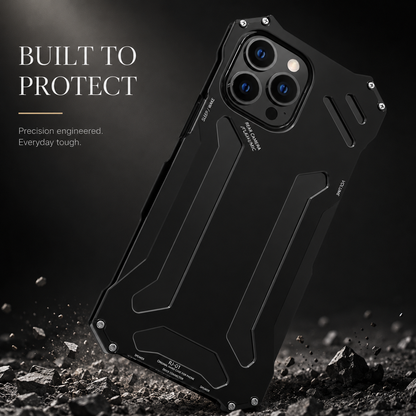 A black geometric case is illustrated landing amid dark fragments beneath Built to Protect.