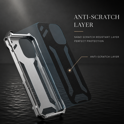 An exploded silver-and-blue case illustration separates its frame and thin patterned inner layer beneath Anti-Scratch Layer.