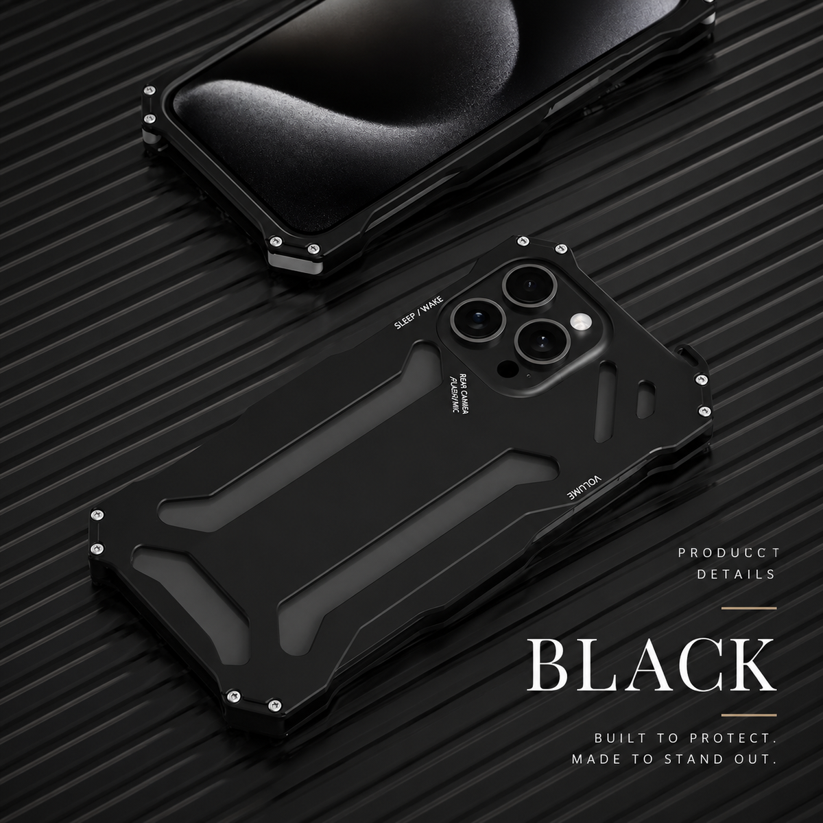 Front and rear views of a black case lie on a dark ribbed surface beneath Black.