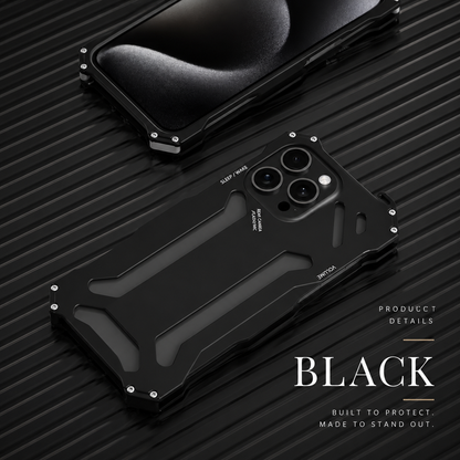 Front and rear views of a black case lie on a dark ribbed surface beneath Black.