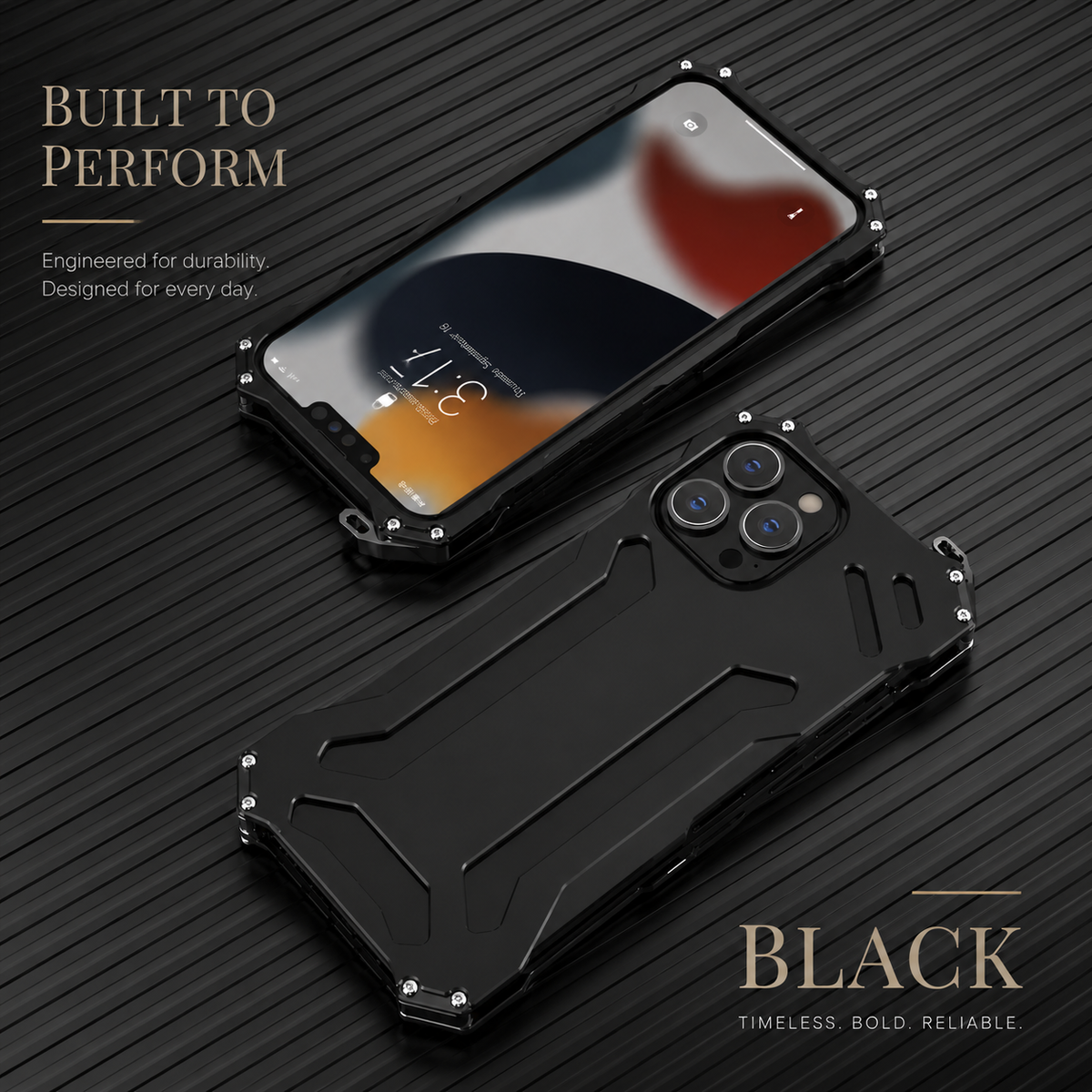 A black case and a phone inside its matching frame lie separately on a ribbed dark surface beneath Built to Perform.