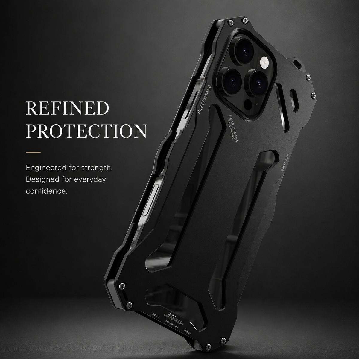 A black angular case stands at an angle against dark gray beneath Refined Protection.