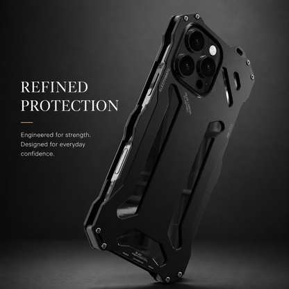 A black angular case stands at an angle against dark gray beneath Refined Protection.