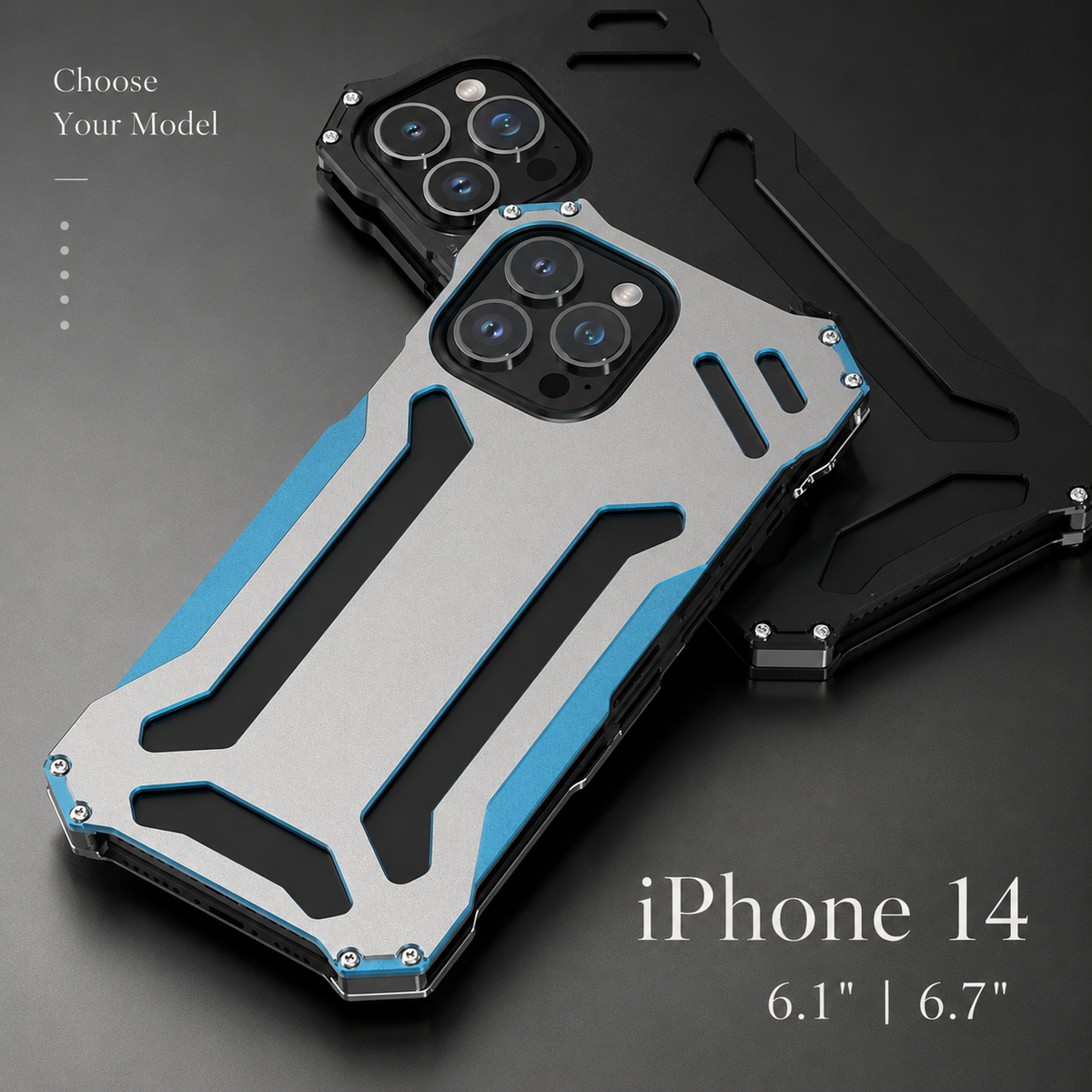 Black and silver-and-blue cases overlap on a pale surface beside text identifying iPhone 14 sizes.