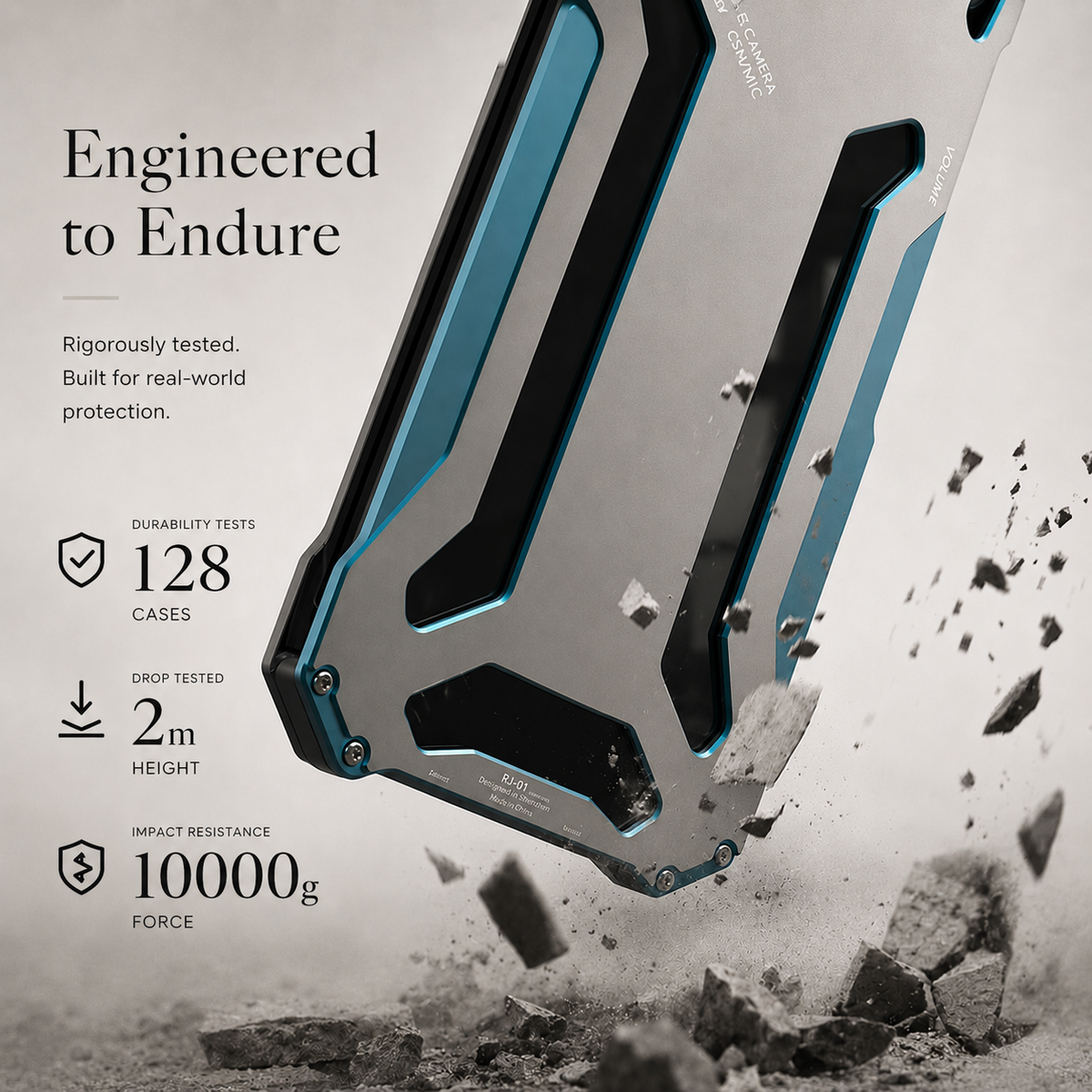 A silver-and-blue case is illustrated striking rough ground, with fragments near its lower corner and printed testing claims.