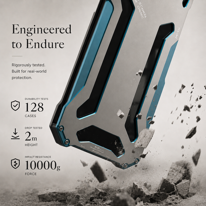 A silver-and-blue case is illustrated striking rough ground, with fragments near its lower corner and printed testing claims.