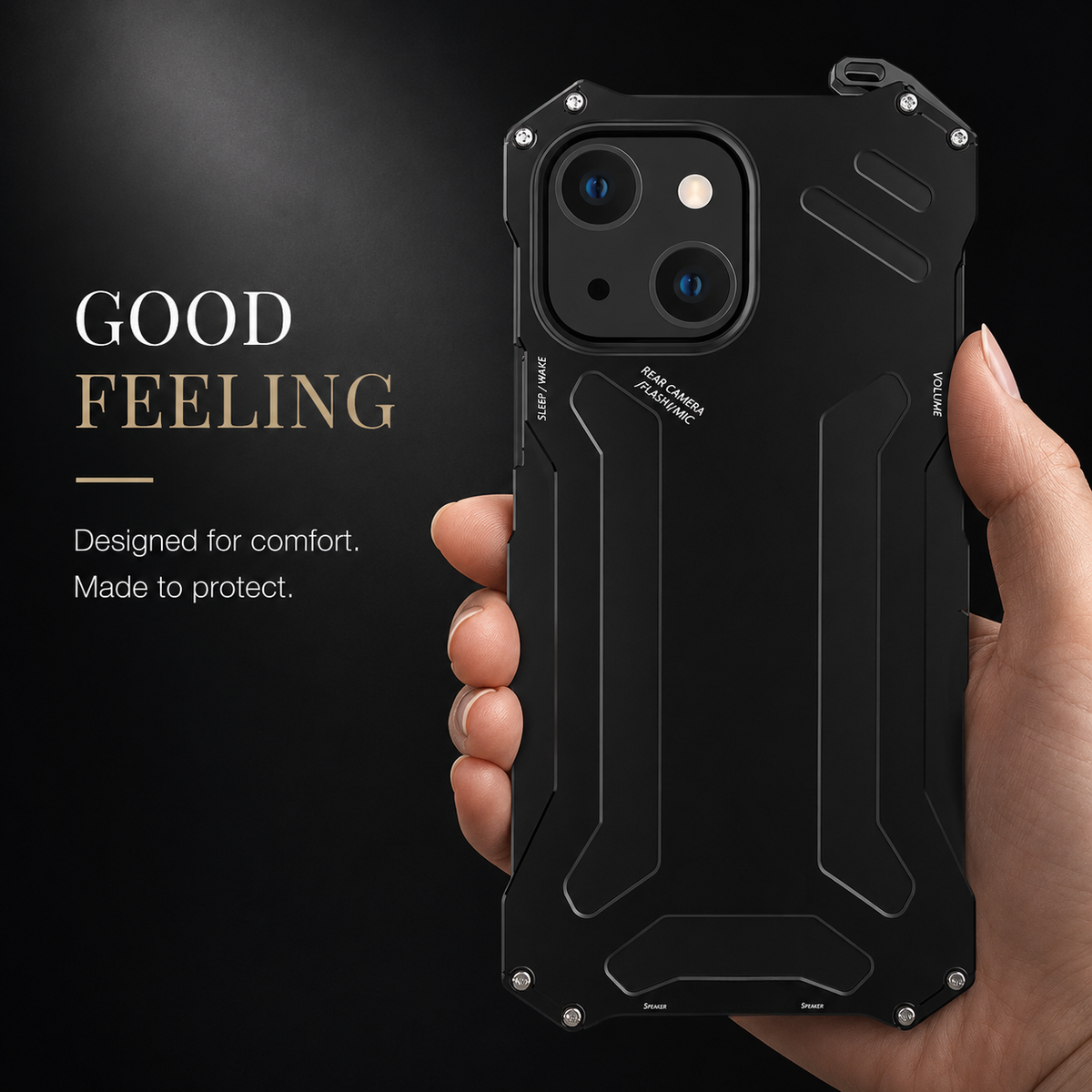 A hand holds a black geometric case with a two-lens camera opening against dark gray.