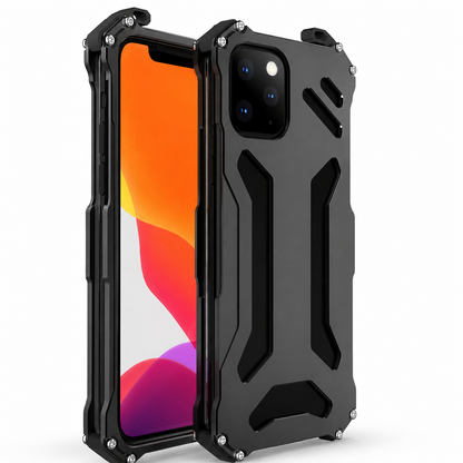Front and rear views show a black angular case with long geometric rear cutouts, screw details and reinforced corners.