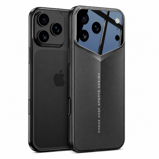 A black bare phone stands beside a fitted dark gray case on white. A reflective angular camera panel spans the top, and vertical lettering runs down the matte back.