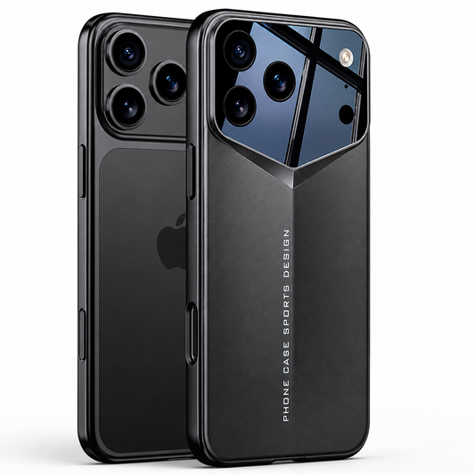 A black phone stands beside a black case against white. The case has a reflective blue camera panel with circular lens openings, an angular lower point and a tapered ridge down its back.