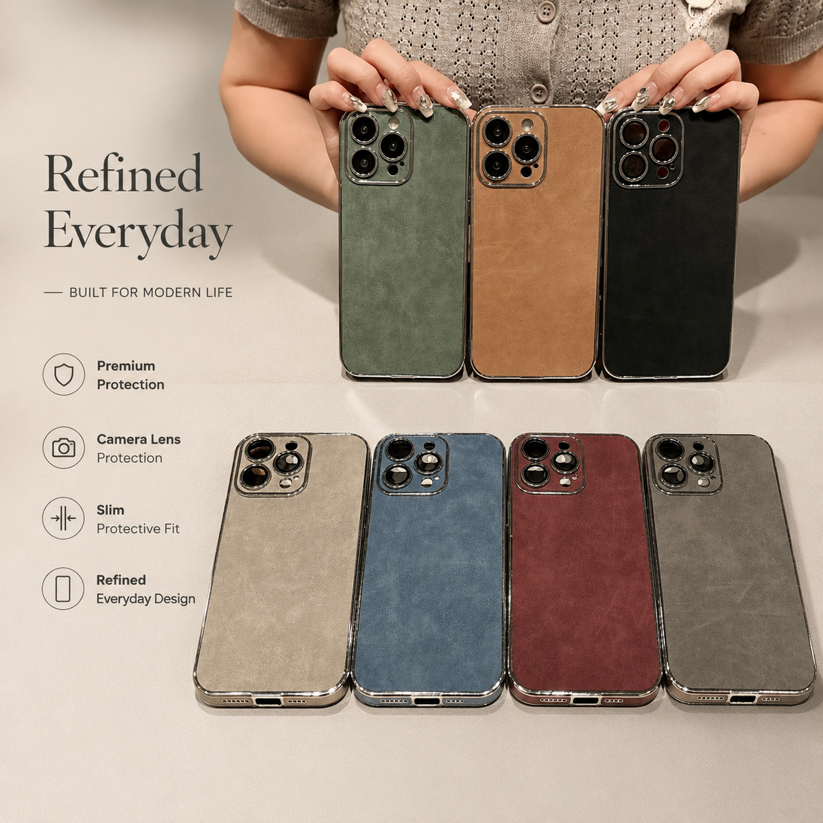 Person holds green, tan, and black suede-look cases above four cases laid on a table in pale gray, blue, burgundy, and gray. Text highlights protection and slim fit.