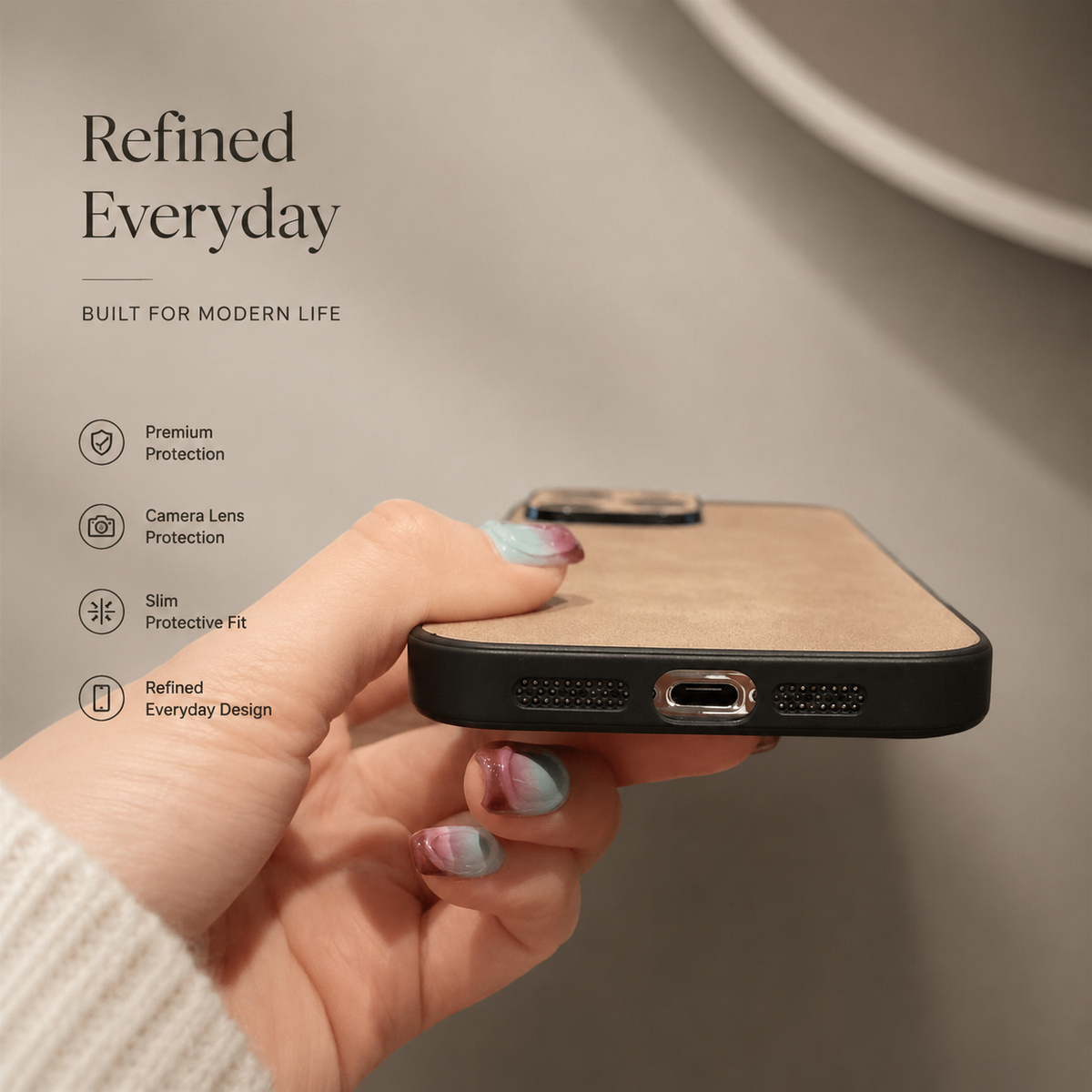 Close-up of a tan suede-look case's lower edge in a hand shows a centered charging port and speaker holes beside text highlighting slim fit and protection.