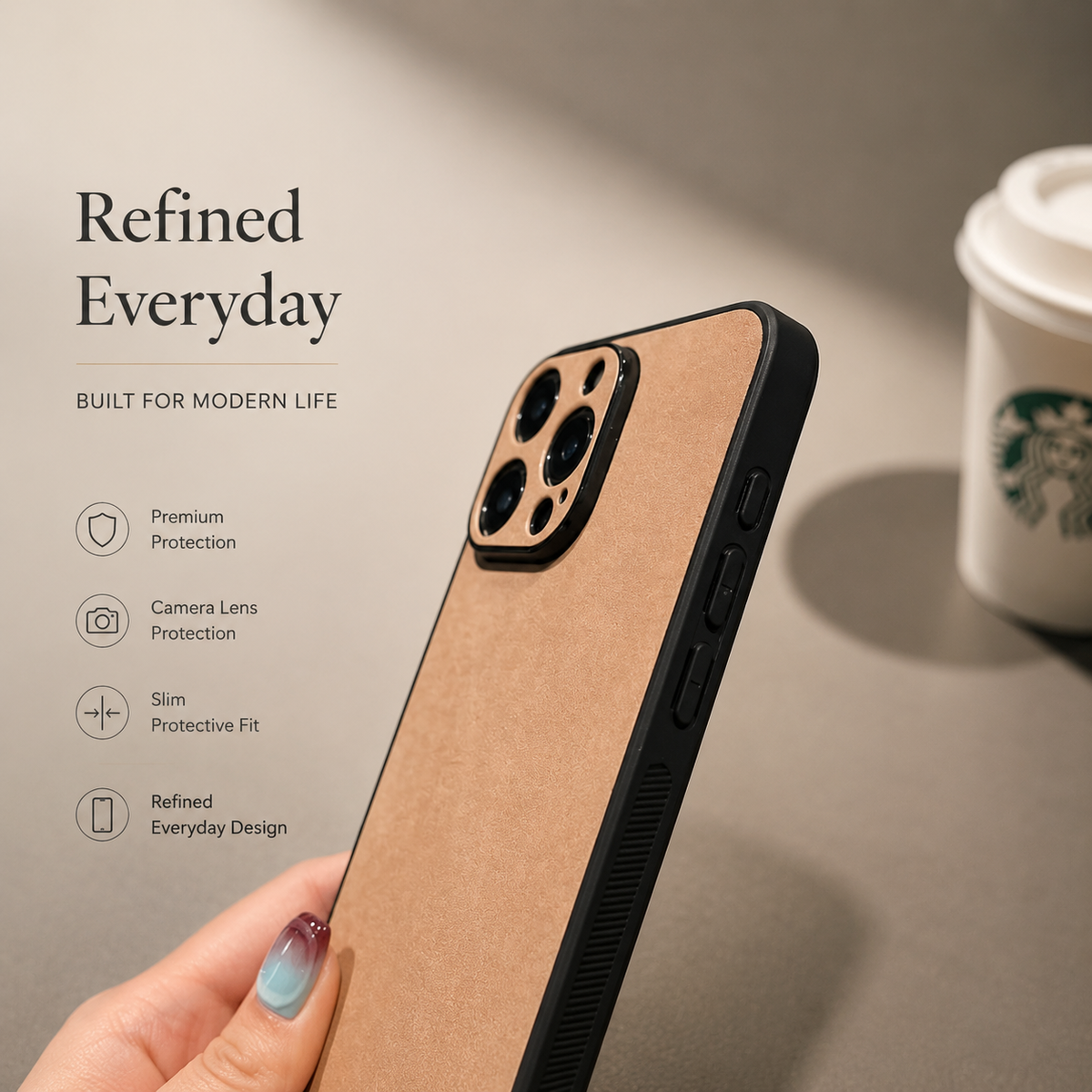 Hand holds a tan suede-look case edge-on, revealing black ribbed sides, covered buttons, and a raised matching camera panel. A takeaway cup sits behind it.