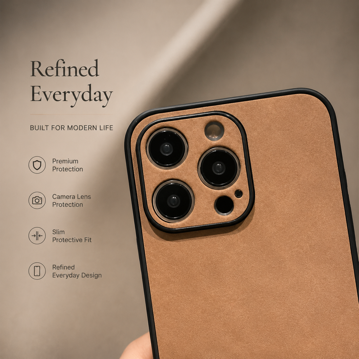 Close-up of the tan suede-look case's upper back shows a matching raised camera panel with three lens openings and smaller sensor holes outlined in black.