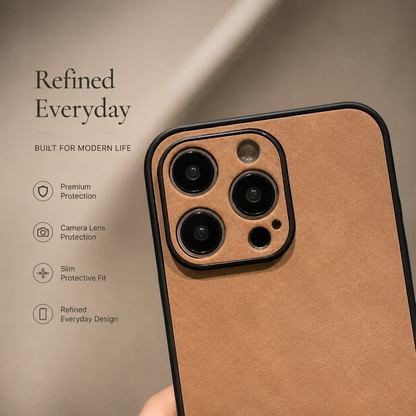 Close-up of the tan suede-look case's upper back shows a matching raised camera panel with three lens openings and smaller sensor holes outlined in black.
