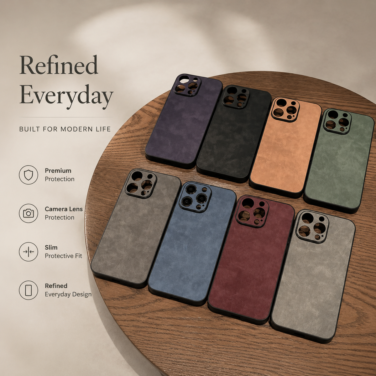 Eight suede-look cases arranged in two rows on a round wooden table, showing purple, black, tan, green, gray, blue, burgundy, and pale gray options beside protection text.