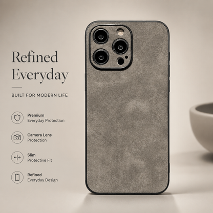 Gray suede-look case stands upright on beige, showing a mottled back and individually framed camera openings. Text highlights camera protection and a slim fit.
