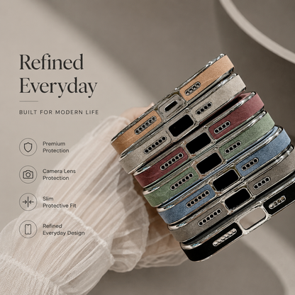 Hand holds a stack of suede-look cases bottom-edge forward. Their centered charging ports, speaker holes, and differently colored back panels appear beside promotional protection text.