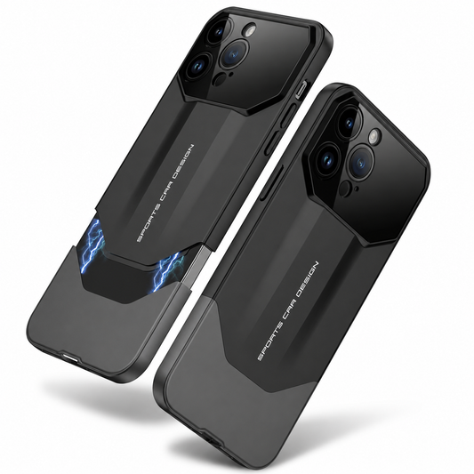 Two black phone cases float diagonally on white with angular sports-car-style rear panels and large camera openings. Blue lightning graphics illustrate attachment of the separate back panel.