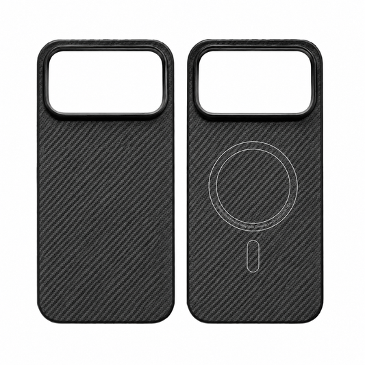 Two black phone cases stand side by side on white, showing diagonal woven backs and a wide rectangular camera opening. The inner view on the right has a circular magnetic alignment marking.