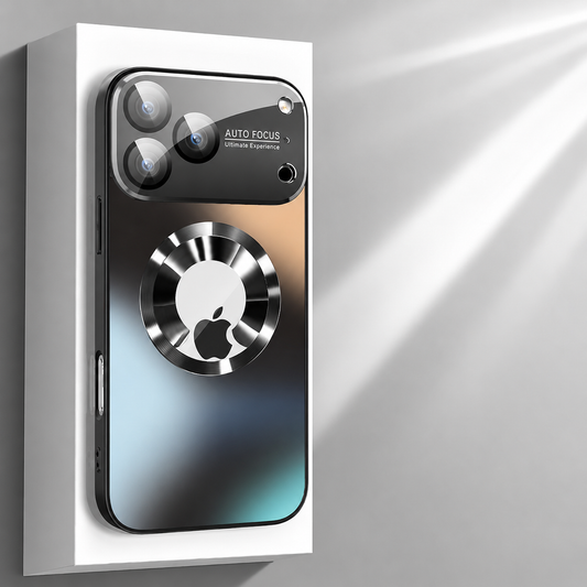 Dark reflective phone case on a white display block under diagonal light, with a circular metallic ring and wide camera panel marked 'Auto Focus'.