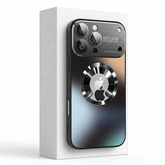Black reflective phone case displayed upright against a white block, with a wide camera guard and a metallic circular ring surrounding the Apple logo.