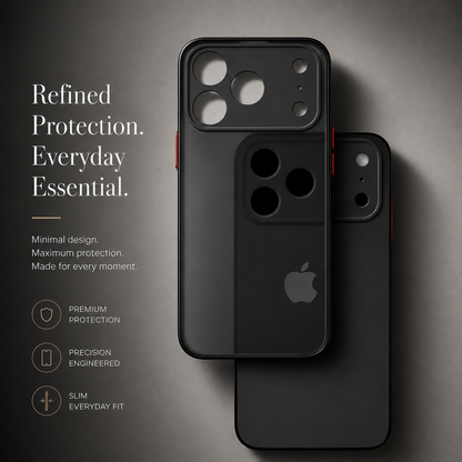 Empty black translucent case overlapping a fitted case, with red side buttons and individual camera openings. Text highlights a slim protective fit.