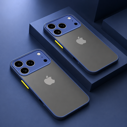 Two smoky gray phone cases with blue borders, blue square camera guards and yellow side buttons displayed on blue blocks.