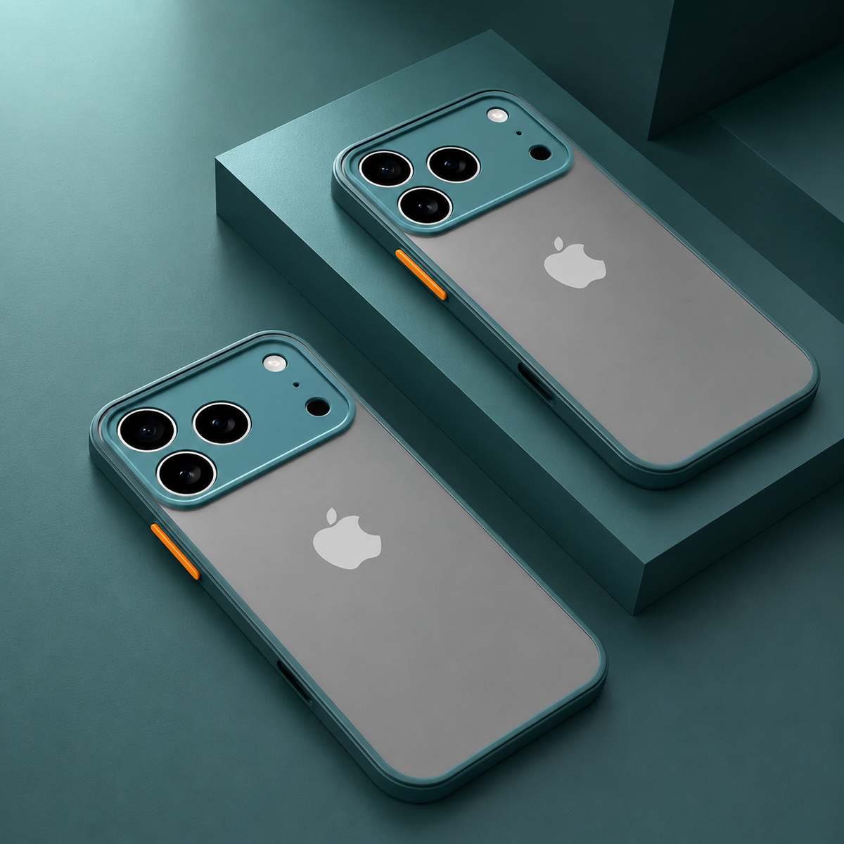 Two smoky gray cases with teal borders, teal square camera guards and orange side buttons arranged on teal display blocks.