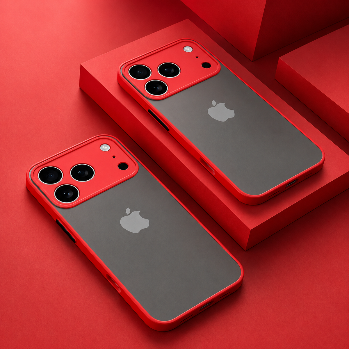 Two translucent gray phone cases with red borders and square camera guards arranged on red geometric blocks.