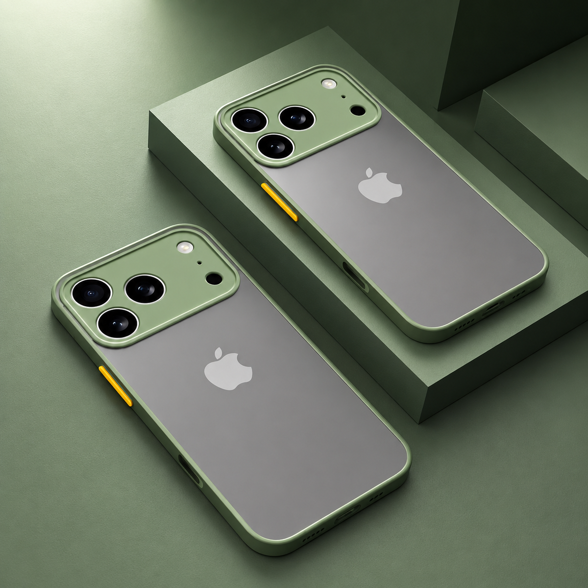 Two smoky gray phone cases with olive-green borders, matching square camera guards and yellow buttons on green blocks.