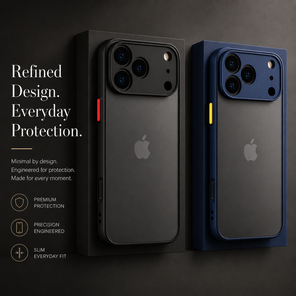 Black and blue translucent phone cases stand against matching blocks with broad camera guards and red or yellow buttons. Text advertises a slim protective design.