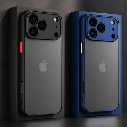 Black and blue smoky-backed phone cases stand upright against matching display blocks, showing broad camera guards and red or yellow side buttons.