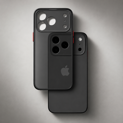 An empty black-bordered translucent case overlaps a phone in a matching case, showing individual camera openings and red buttons.