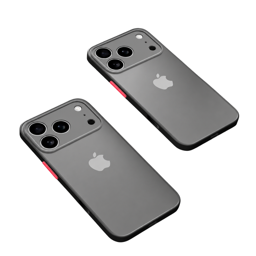 Two smoky translucent phone cases with black borders, red side buttons and square camera guards shown diagonally against white, with Apple logos visible.