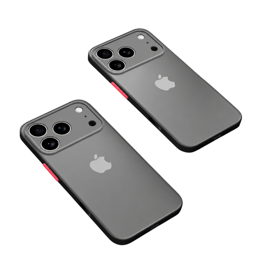 Two phones in smoky translucent gray cases with black borders, raised camera panels and bright red side buttons, shown diagonally against white.