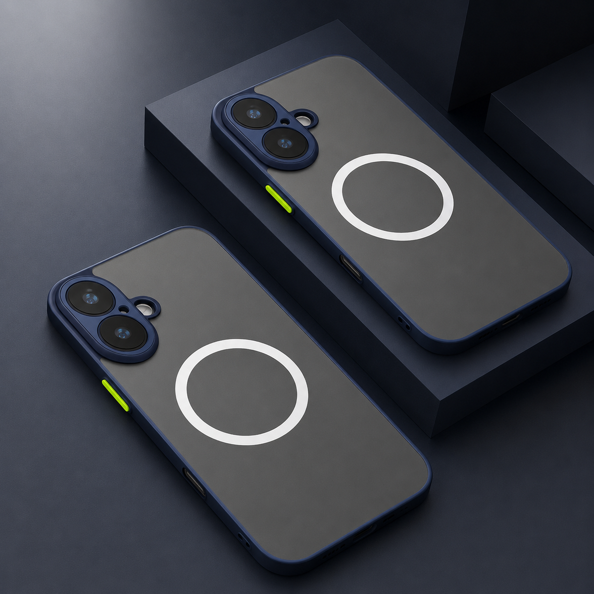 Two smoky gray phone cases with blue borders, yellow buttons, small camera openings and closed white circular rings, on blue display blocks.