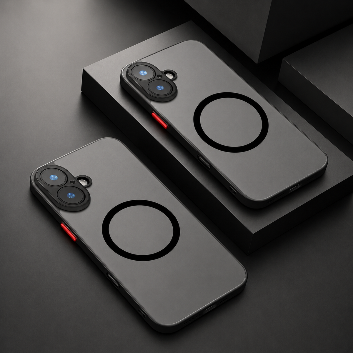 Two black-bordered smoky gray phone cases with red buttons, small camera openings and closed black circular rings, arranged on dark display blocks.