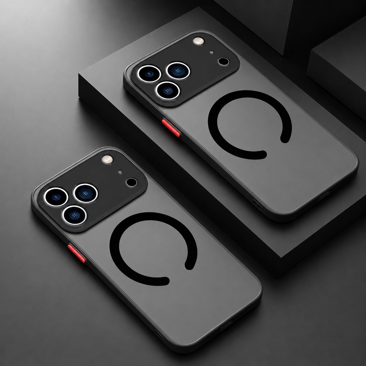 Two translucent gray phone cases on black geometric blocks, with dark camera panels, red buttons and open circular black rings.