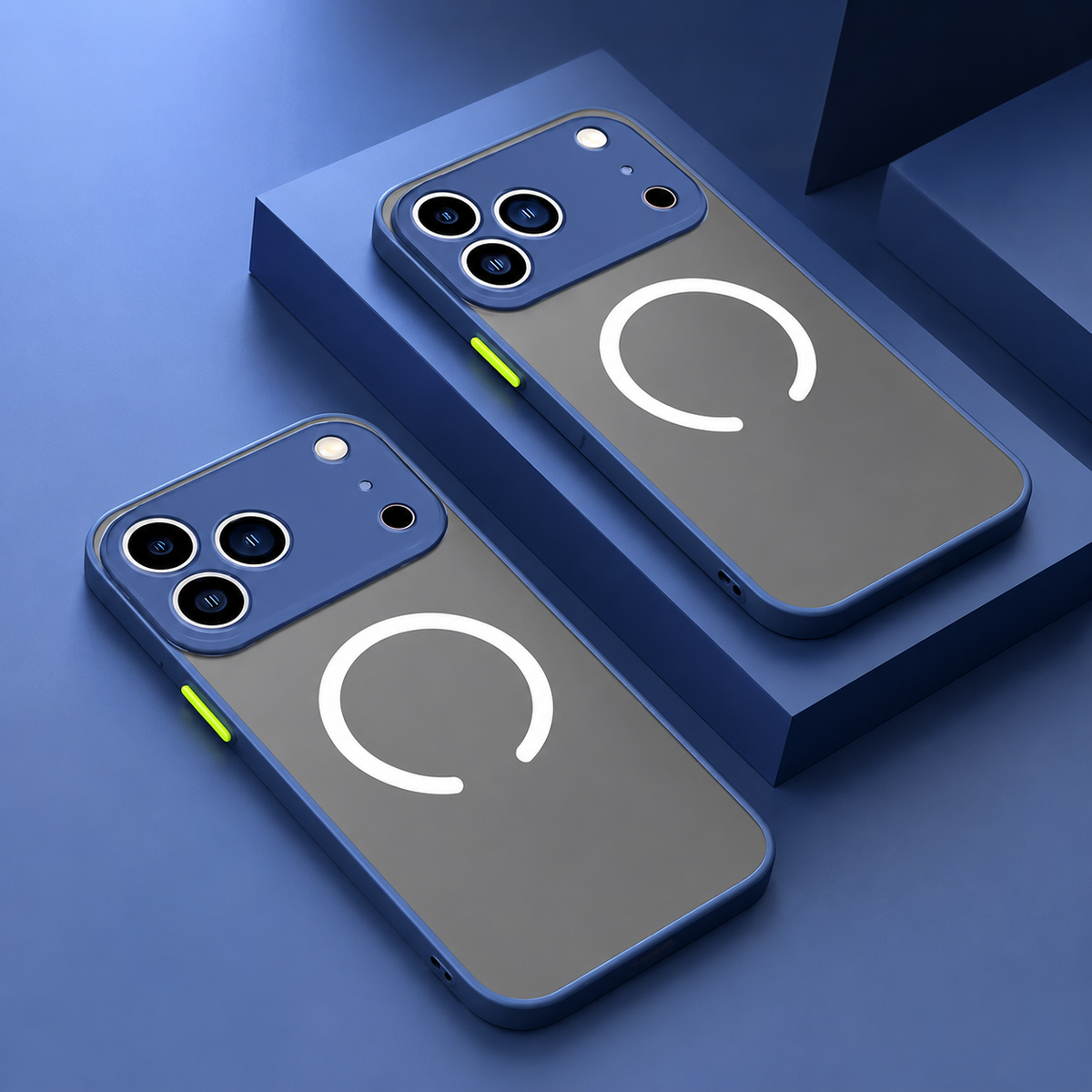 Two translucent gray phone cases with blue borders, broad blue camera guards, yellow buttons and white horseshoe-shaped rings on blue display blocks.