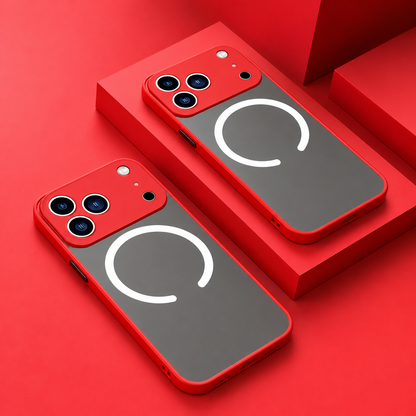 Two gray translucent phone cases with red borders, broad red camera guards and white open circular rings, arranged on red blocks.
