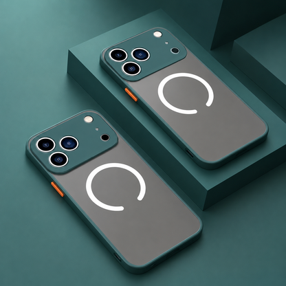 Two smoky gray cases with teal borders, orange buttons, broad teal camera guards and white horseshoe-shaped rings on teal blocks.