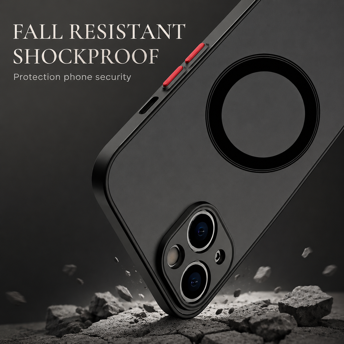 Black-cased phone illustrated striking a rough surface at a corner, with flying fragments. Text advertises fall resistance and shock protection.