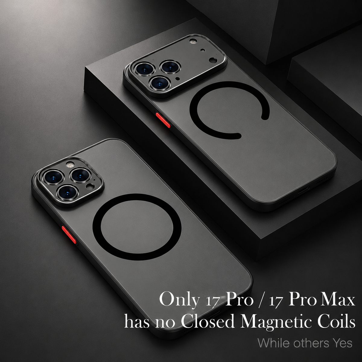 Two black-bordered gray cases show open circular back rings. Text notes the iPhone 17 Pro and Pro Max rings are open while other models use closed rings.